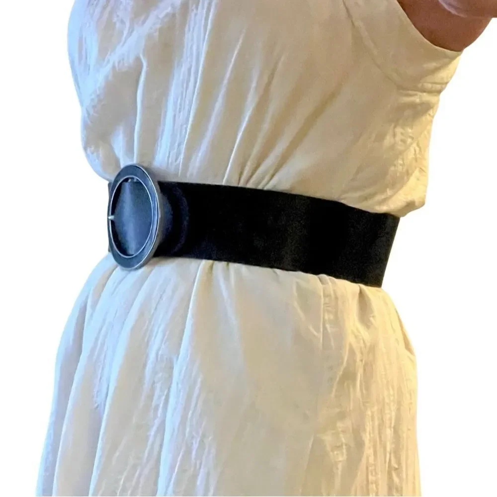NEW Sisley Black Leather Wide Oversized Oval Buckle Silver Belt S